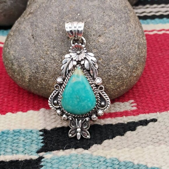Southwest Turquoise Sterling Silver Pendant Butterfly Flower Leaf Design - Picture 1 of 5